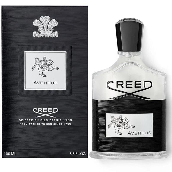 Creed Aventus perfume bottle and its black textured packaging box, featuring the winged horse logo and silver lettering on a white background.