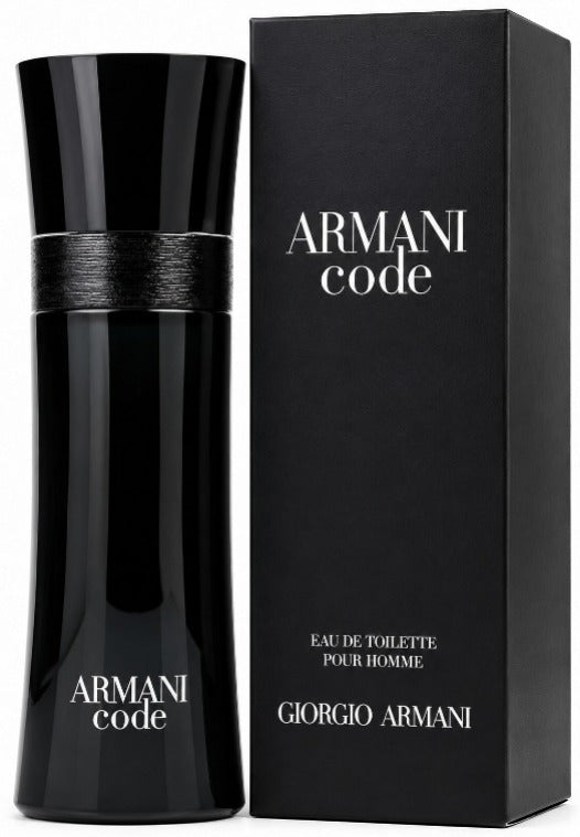 Armani Code Eau de Toilette bottle in glossy black glass next to its black packaging box, featuring silver lettering and a textured metallic band on the bottle.