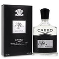 Creed Aventus Eau de Parfum bottle next to its black textured packaging box, featuring a silver crest logo and a black cap.
