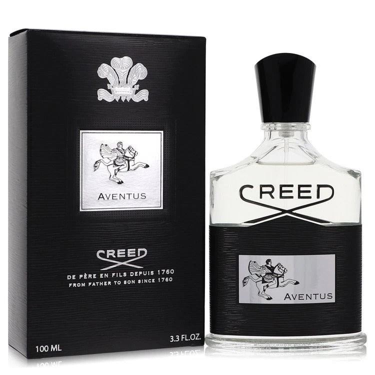 Creed Aventus Eau de Parfum bottle next to its black textured packaging box, featuring a silver crest logo and a black cap.