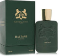 Parfums de Marly Haltane Eau de Parfum bottle and its dark green packaging box, featuring a gold crest logo and gold lettering.