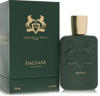 Parfums de Marly Haltane Eau de Parfum bottle and its dark green packaging box, featuring a gold crest logo and gold lettering.