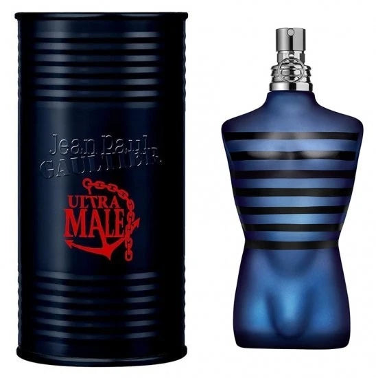 Blue and black perfume bottle with packaging labeled 'Jean Paul Gaultier Ultra Male' on a white background