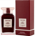 Tom Ford Lost Cherry Eau de Parfum 100ml bottle next to its textured dark red packaging box, on a white background.