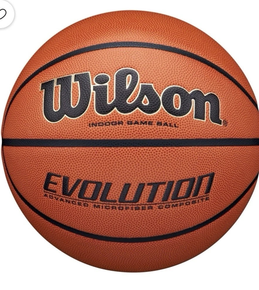 An orange Wilson basketball with black lines and black printed branding, shown against a plain white background.