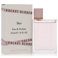 Burberry Her Eau de Parfum 50ml bottle next to its white packaging box with pink and black branding.