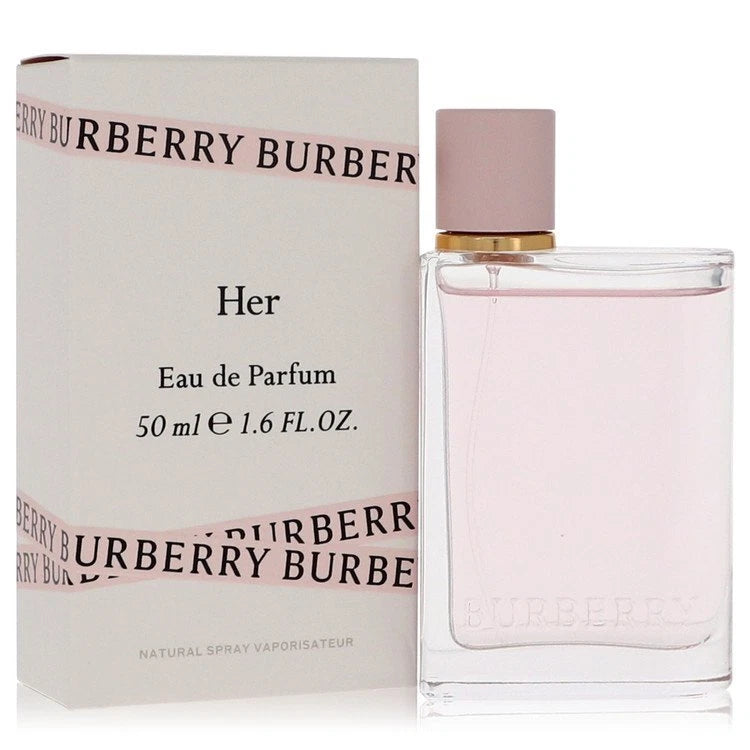 Burberry Her Eau de Parfum 50ml bottle next to its white packaging box with pink and black branding.