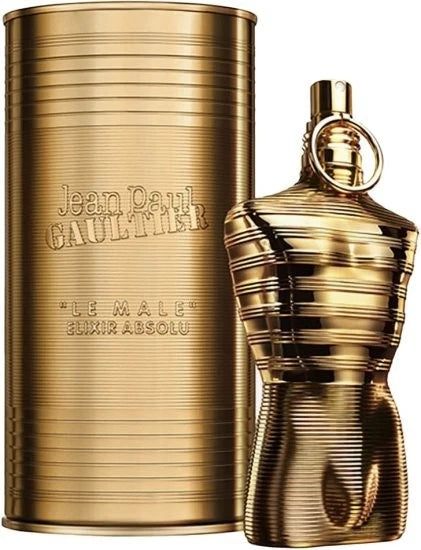 Jean Paul Gaultier Le Male Luxir Absolu perfume bottle and its signature cylindrical packaging box, both in a metallic gold finish.
