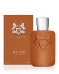 Althair Eau de Parfum bottle and its matching orange packaging box, featuring the brand's crest with two rearing horses and the text 'Parfums de Marly Paris' on a white background.