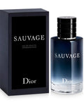 Dior Sauvage Eau de Toilette spray bottle next to its black packaging box, featuring a blue-to-clear gradient bottle and a black cap.