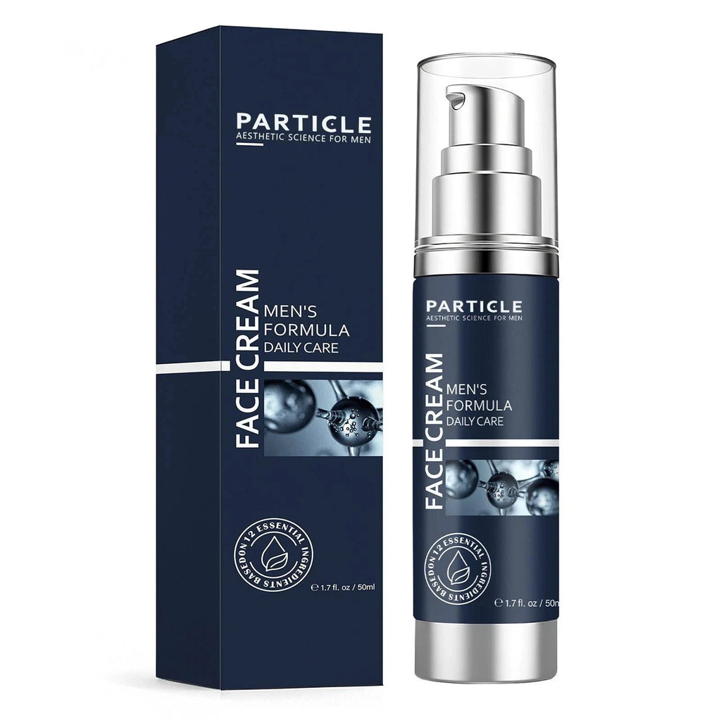 Particle men's face cream with packaging on a white background