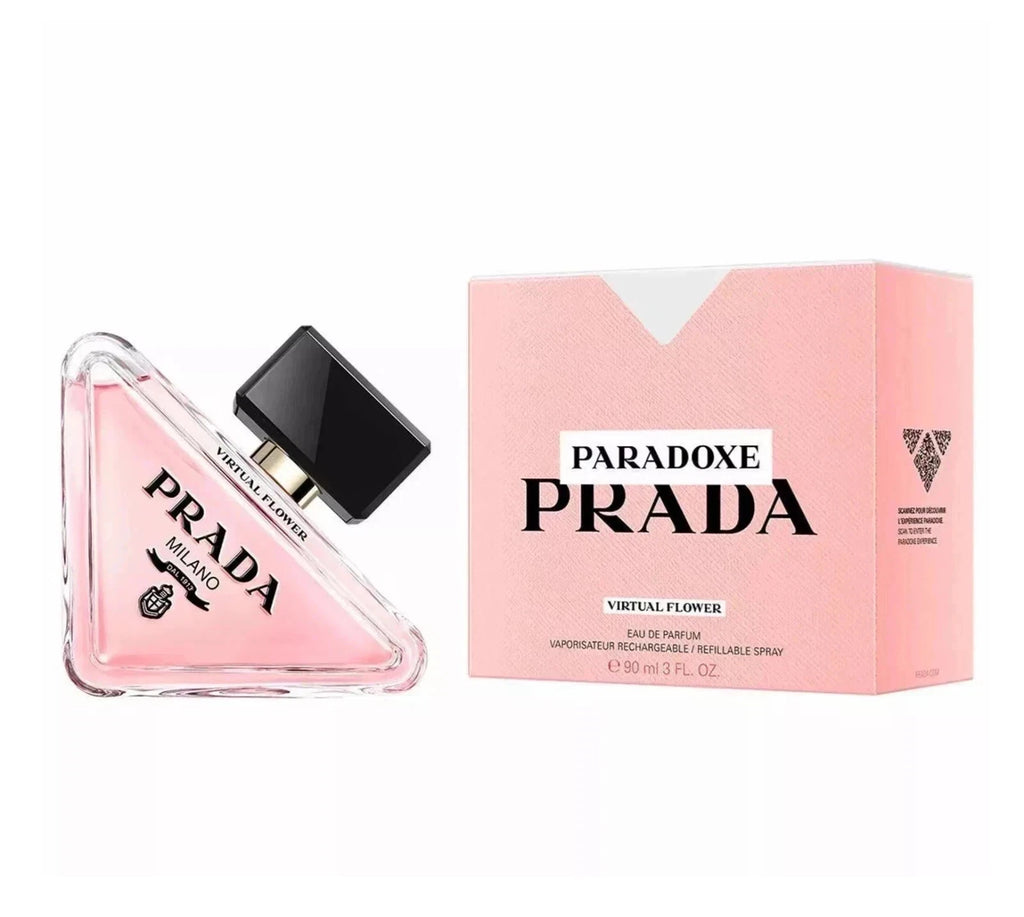 Prada Virtual Flower Eau de Parfum 50ml bottle next to its pink packaging box on a white background.