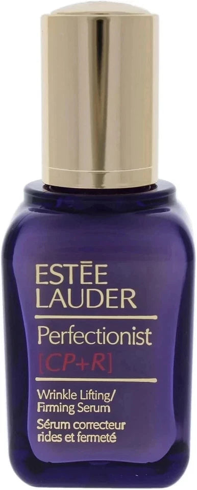 Estée Lauder Perfectionist CP+R Wrinkle Lifting/Firming Serum in a dark purple bottle with a metallic gold cap, shown against a plain white background.