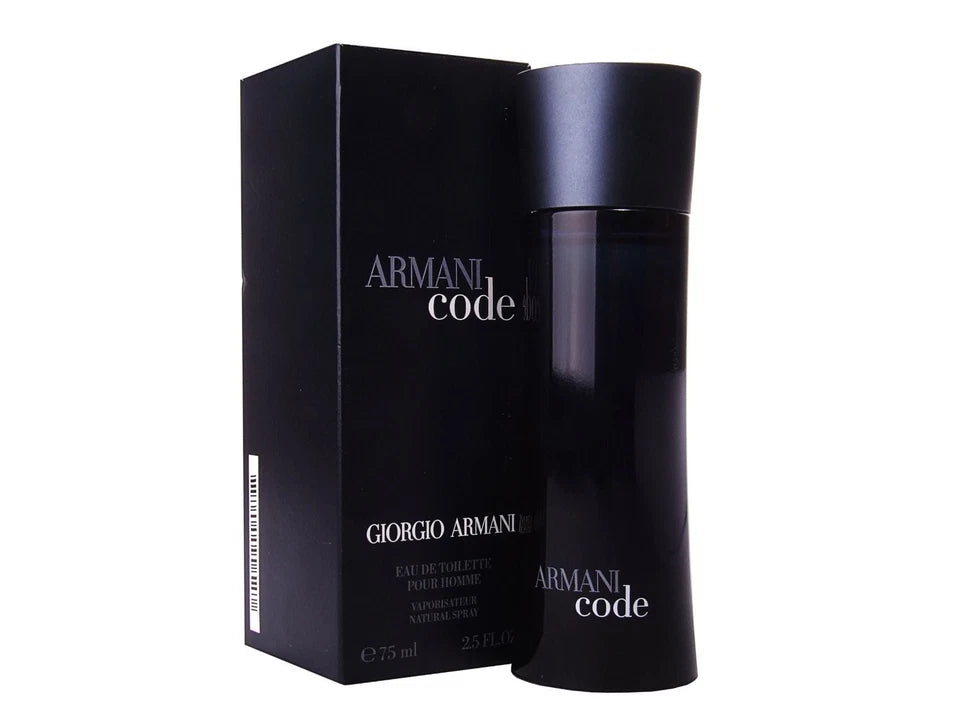 Giorgio Armani Code Eau de Toilette bottle and its black packaging box, displayed on a clean white background.