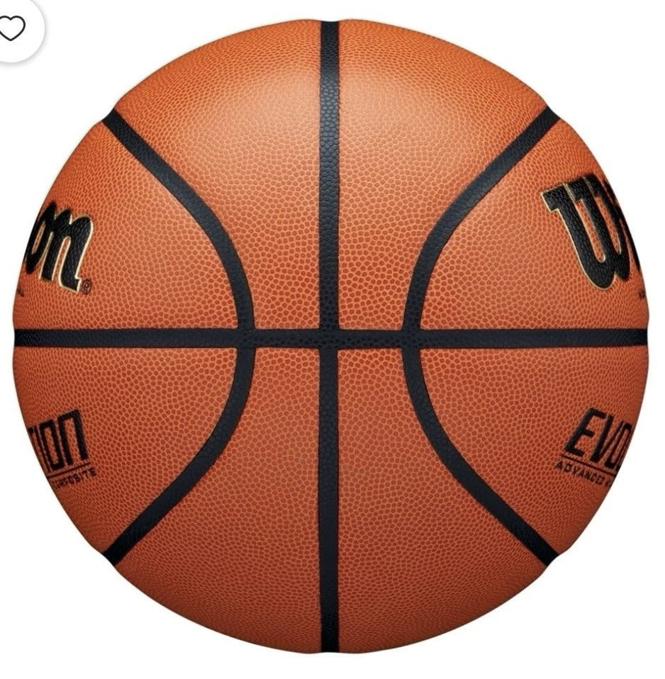 An orange Wilson basketball with black seams and printed black logos, shown against a plain white background.