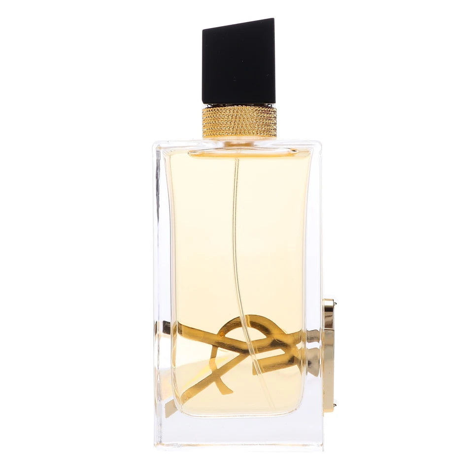 Perfume bottle with gold cap and logo on a white background