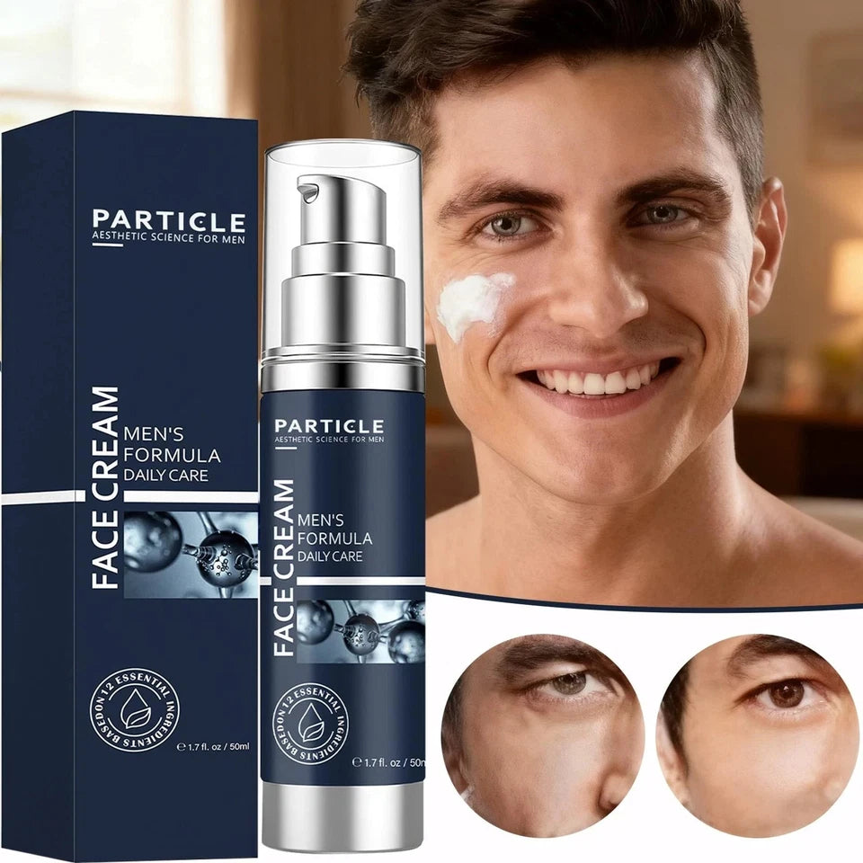 Particle face cream for men with packaging and a man applying it on his face.