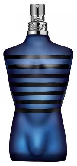 Blue and black striped perfume bottle on a white background
