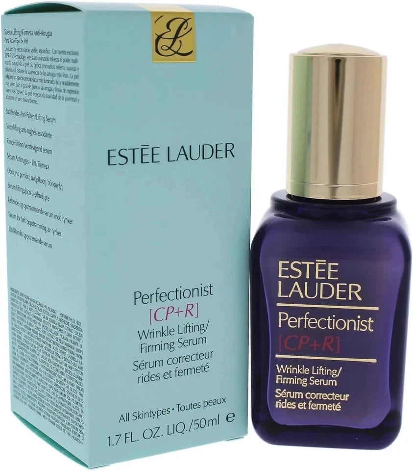 Estée Lauder Perfectionist [CP+R] Wrinkle Lifting/Firming Serum shown with its light blue outer box and the dark purple glass bottle with a metallic gold cap.