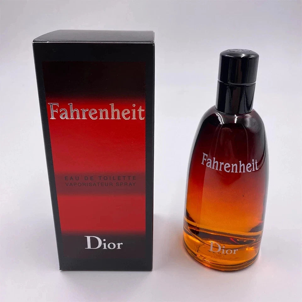 Dior Fahrenheit Eau de Toilette bottle next to its black and red retail box, displayed on a clean white background.