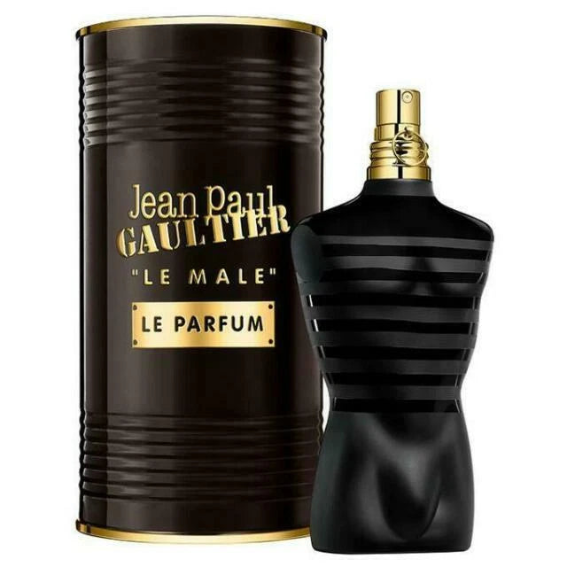 Jean Paul Gaultier Le Male Le Parfum perfume bottle and packaging on a white background